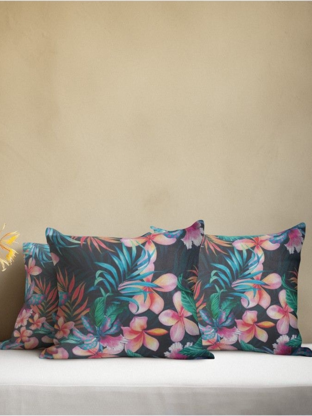 

THEYAYACAFE Black & Blue 3 Pieces Floral Velvet Square Cushion Covers