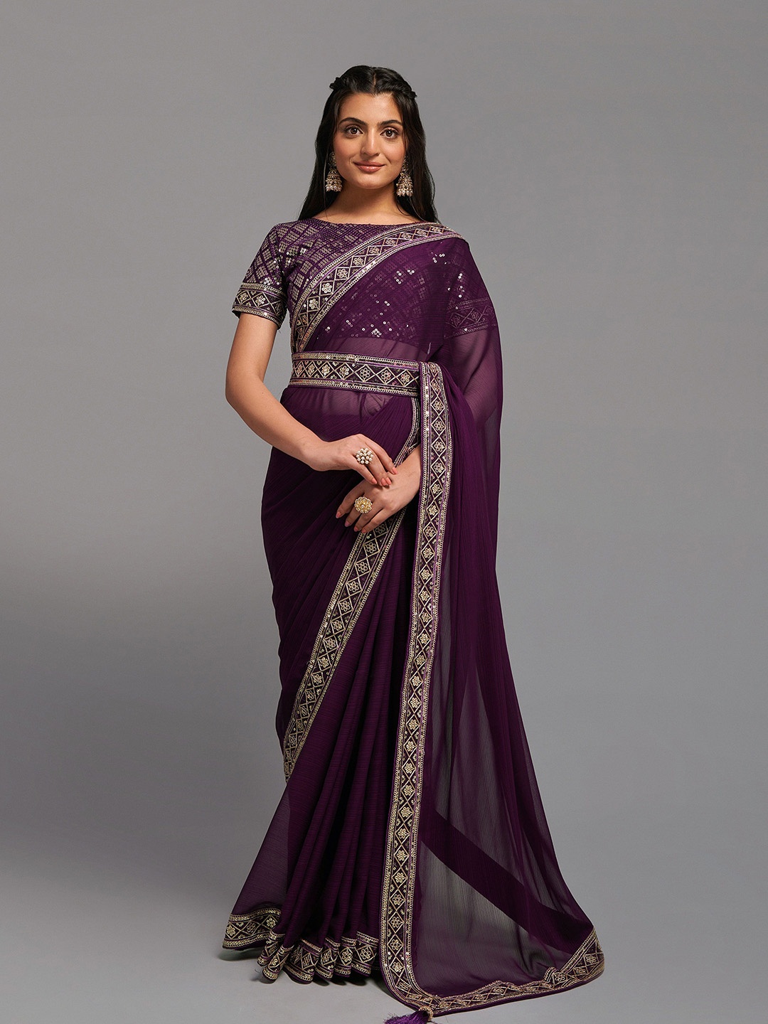 

KALINI Embroidered Sequinned Belted Saree, Purple