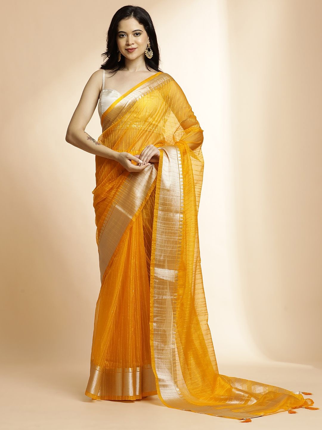 

Jaipur Striped Organza Zari Saree, Yellow