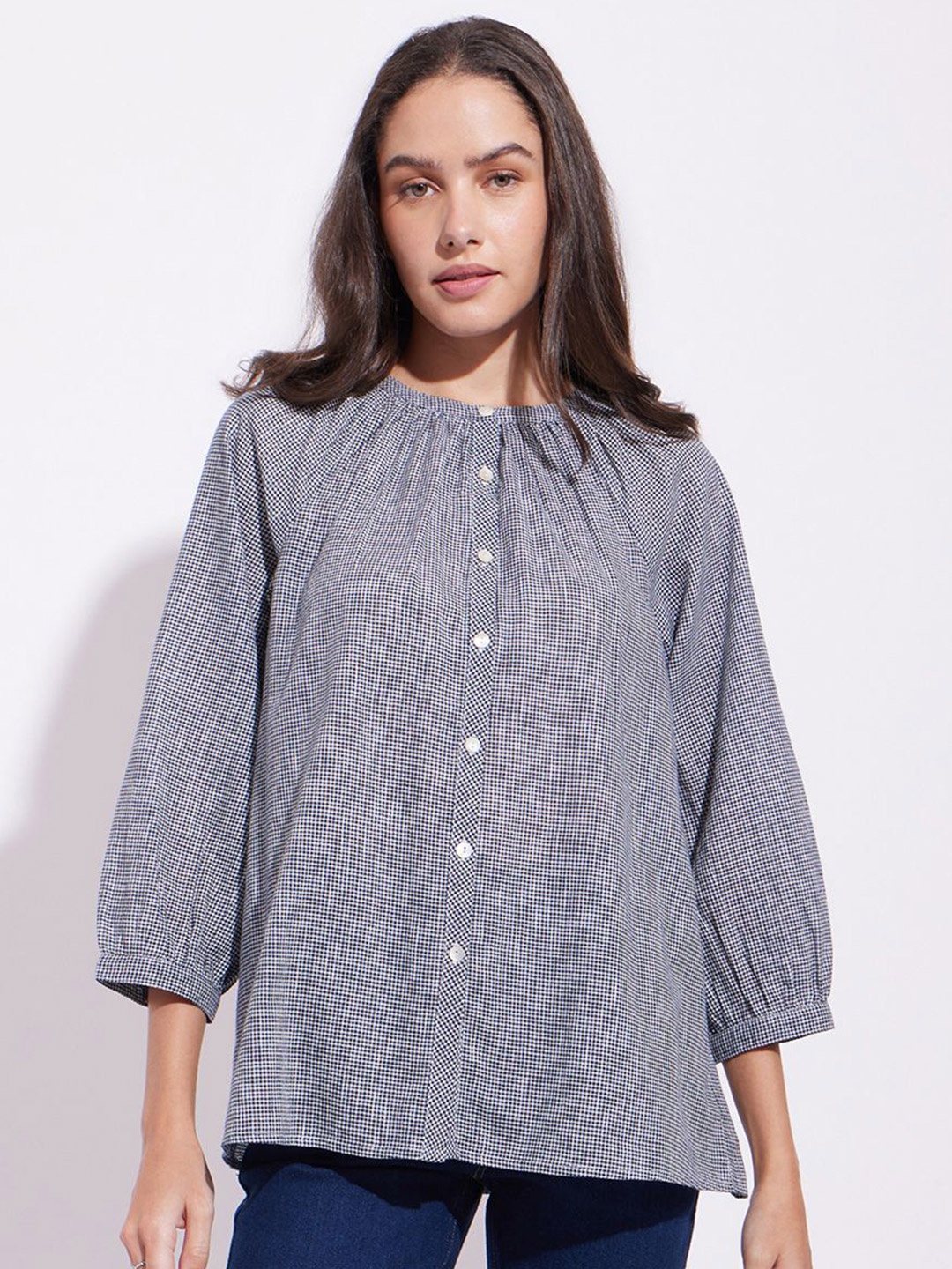 

Pink Fort Women Checked Mandarin Collar Cotton Top, Navy blue