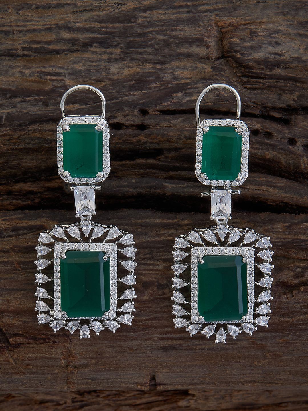 

Kushal's Fashion Jewellery Rhodium-Plated CZ Square Shaped Drop Earrings, Green