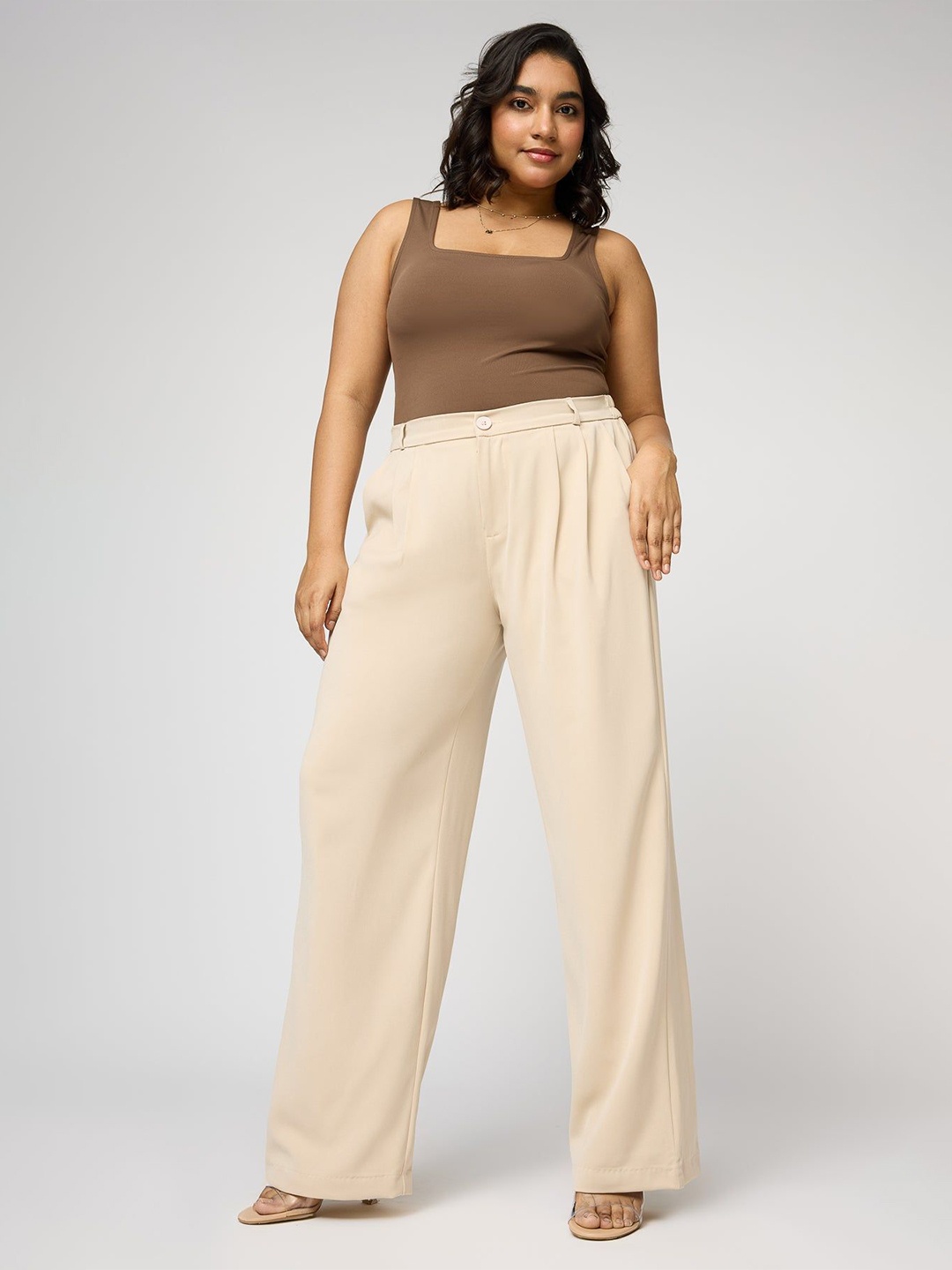 

FREAKINS Soft Ivory Curve Pleated Straight Korean Pants, Beige