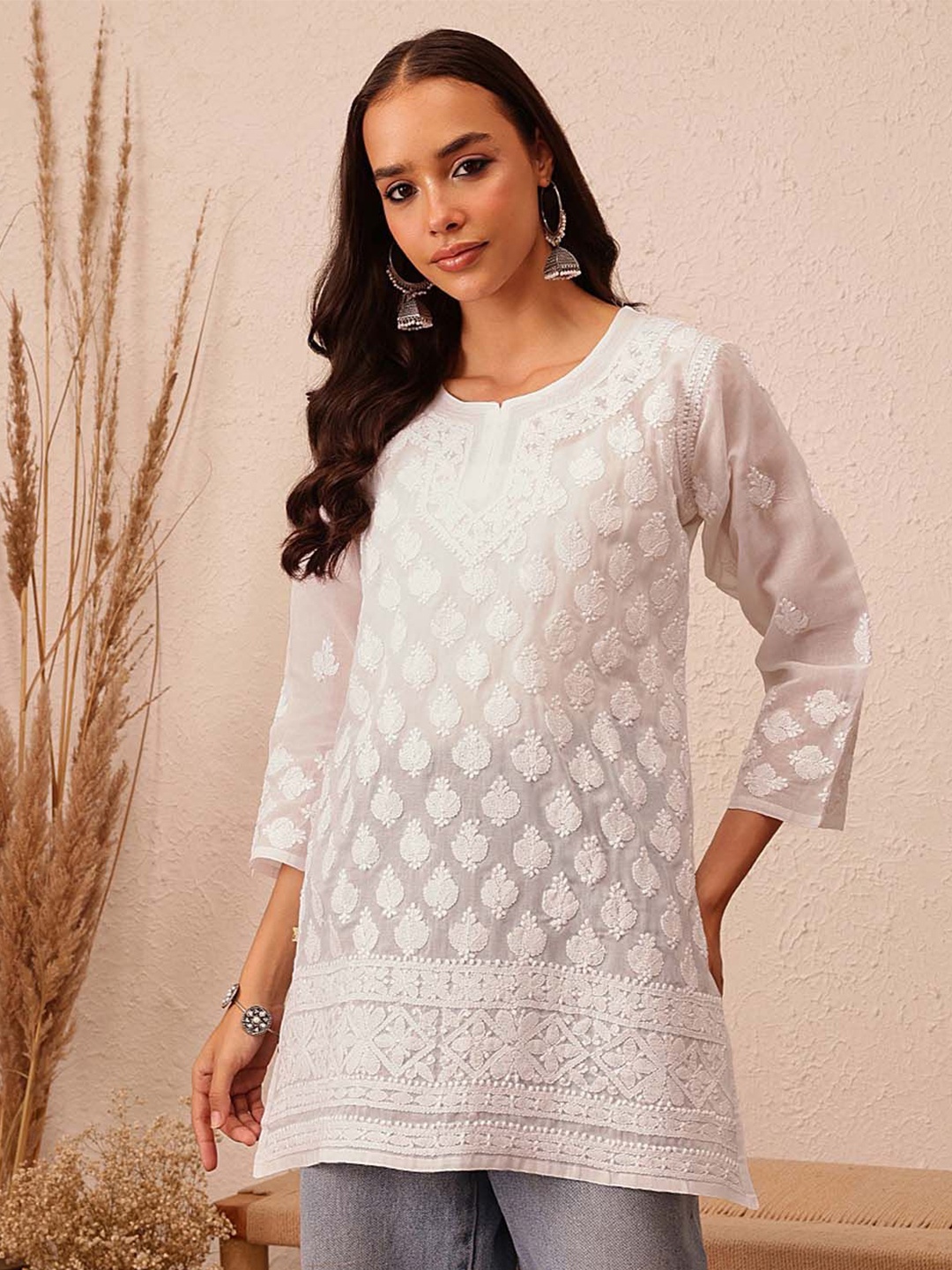 

ADA Chikankari Embroidered Thread Work Cotton Kurti, White