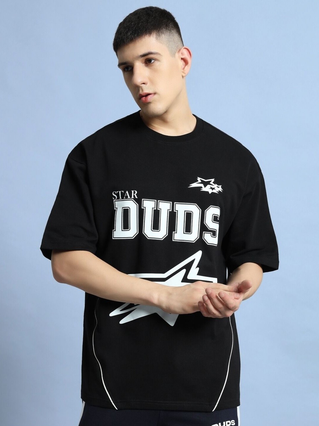 

WEARDUDS Men Typography Printed Round Neck Cotton Oversized T-shirt, Black