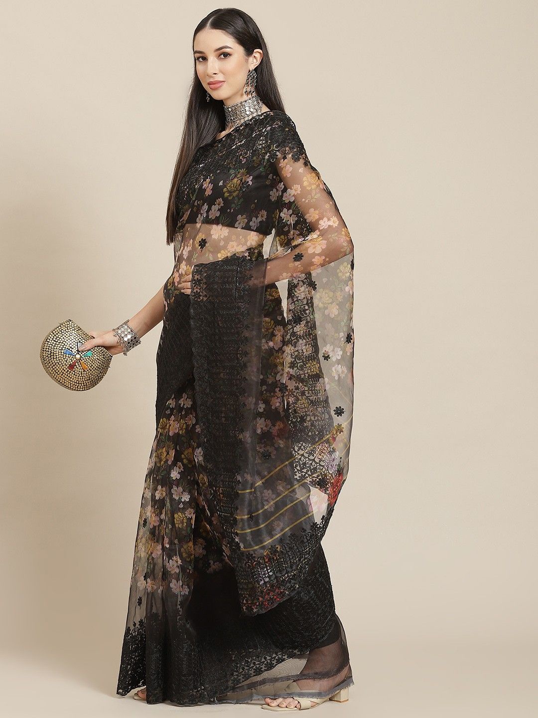 

Anouk Floral Embroidered Net Saree, Black
