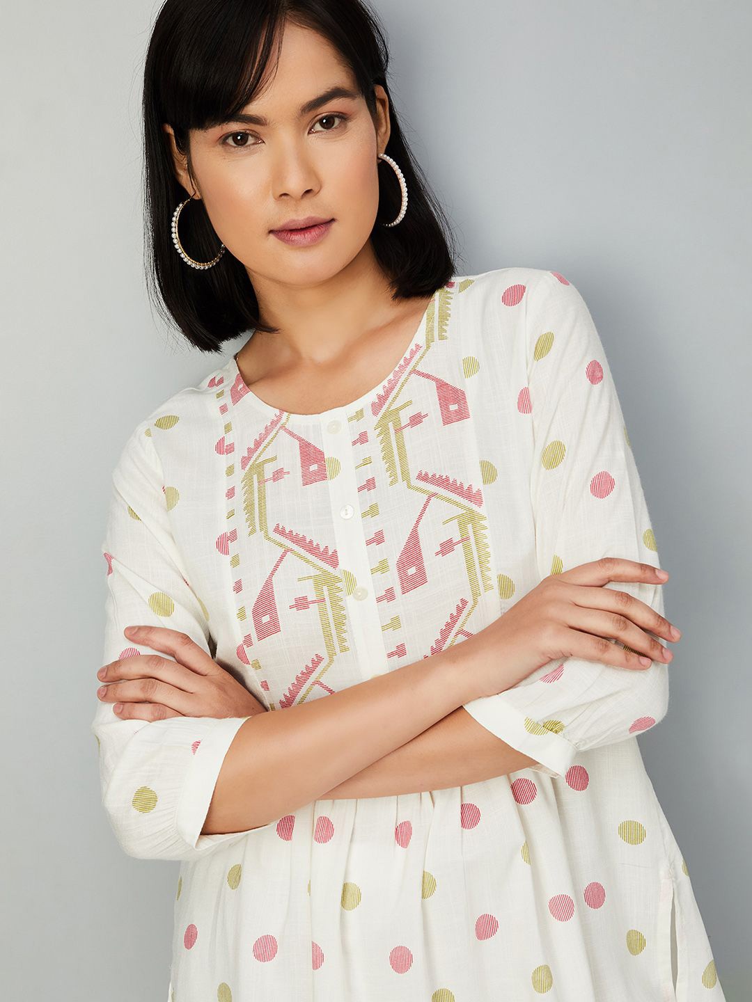 

max Women Cotton Printed Round Neck Tunic, Off white