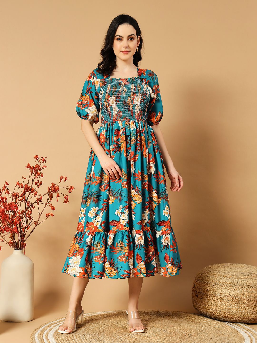 

ZWERLON Floral Print Puff Sleeve Formal A-Line Midi Dress, Orange