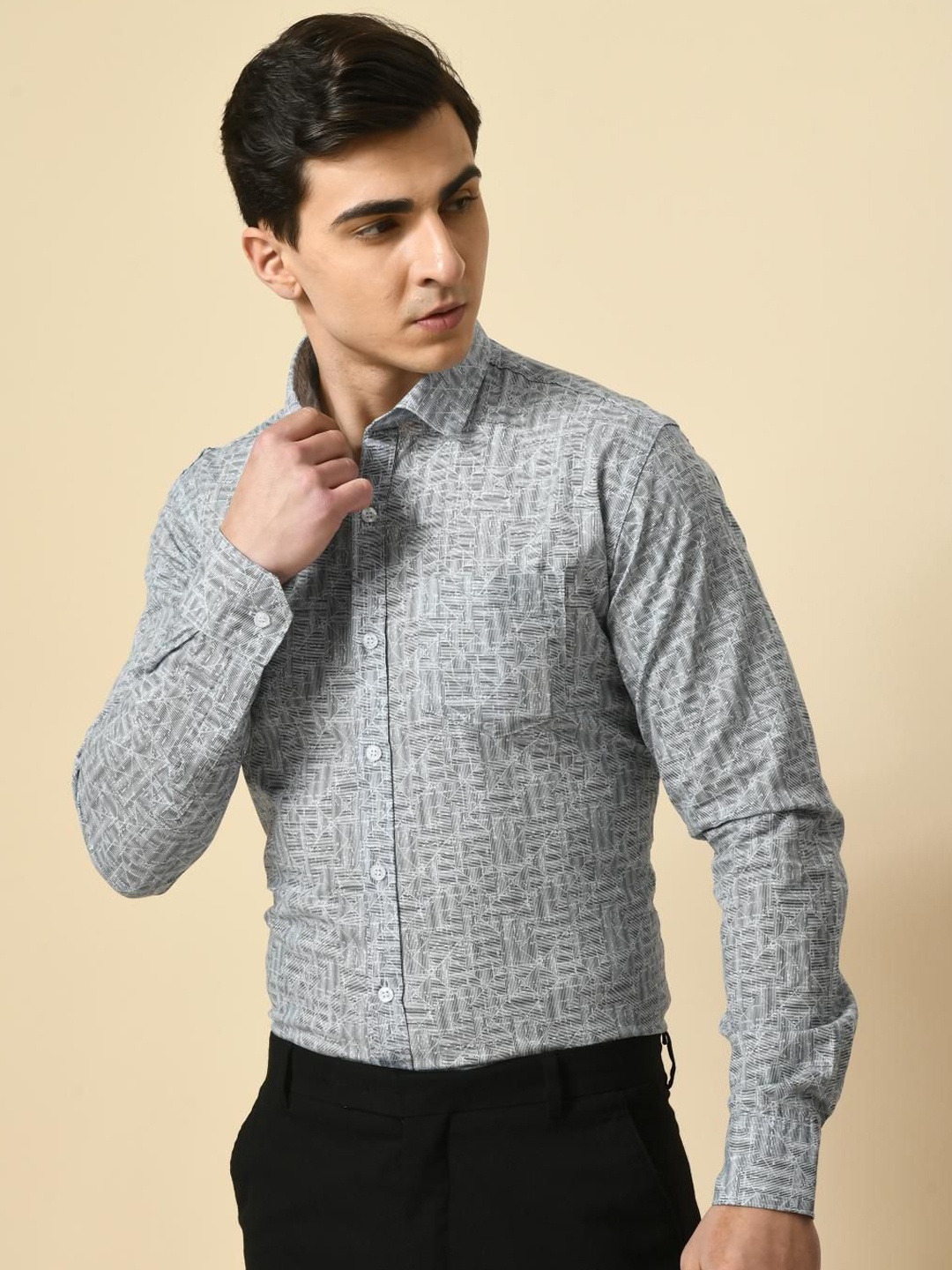 

PEBCO Men Classic Spread Collar Solid Printed Cotton Slim Fit Casual Shirt, Grey