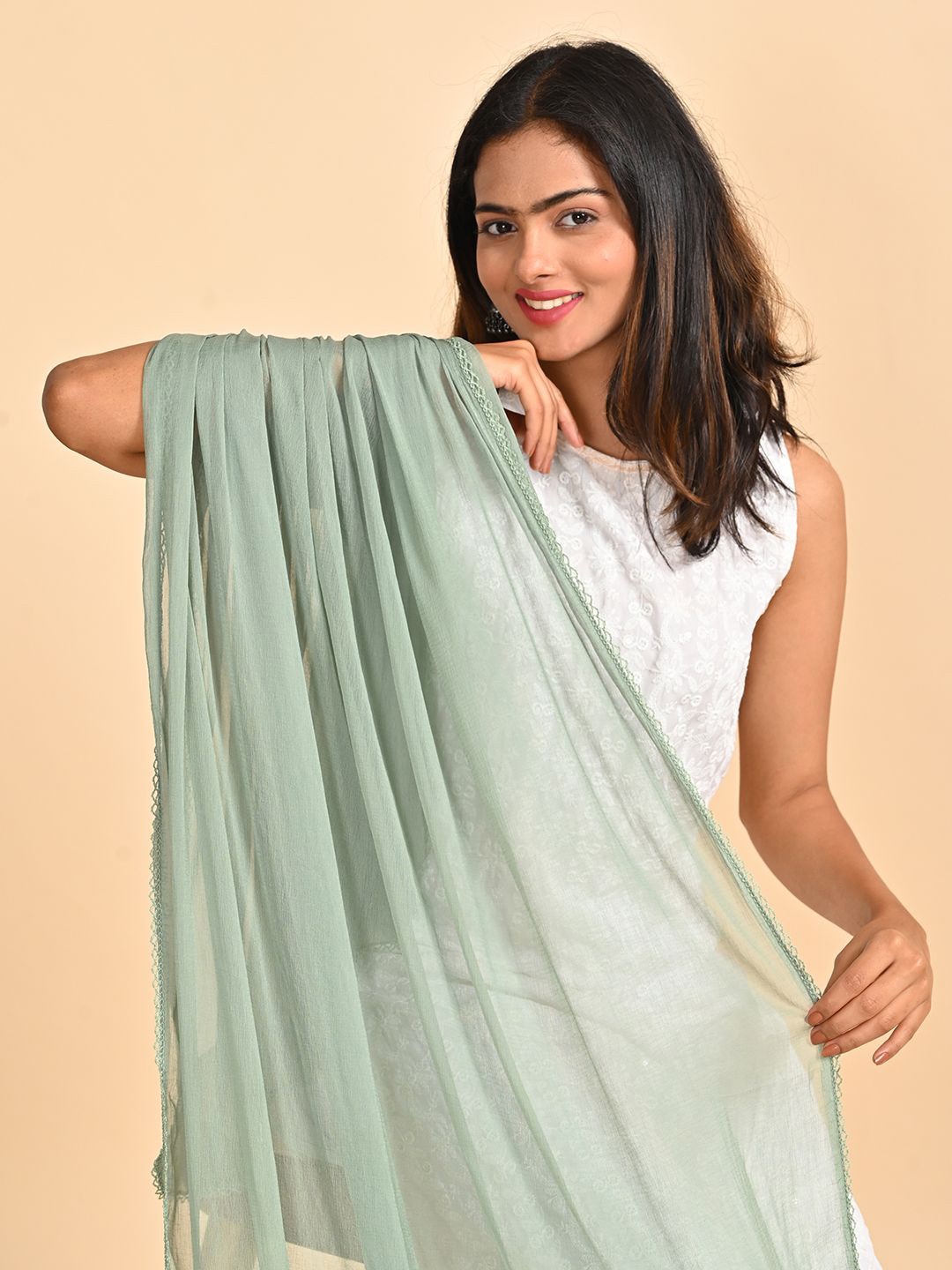 

HELLA FASHIONS Taping Border Chiffon Dupatta, Green