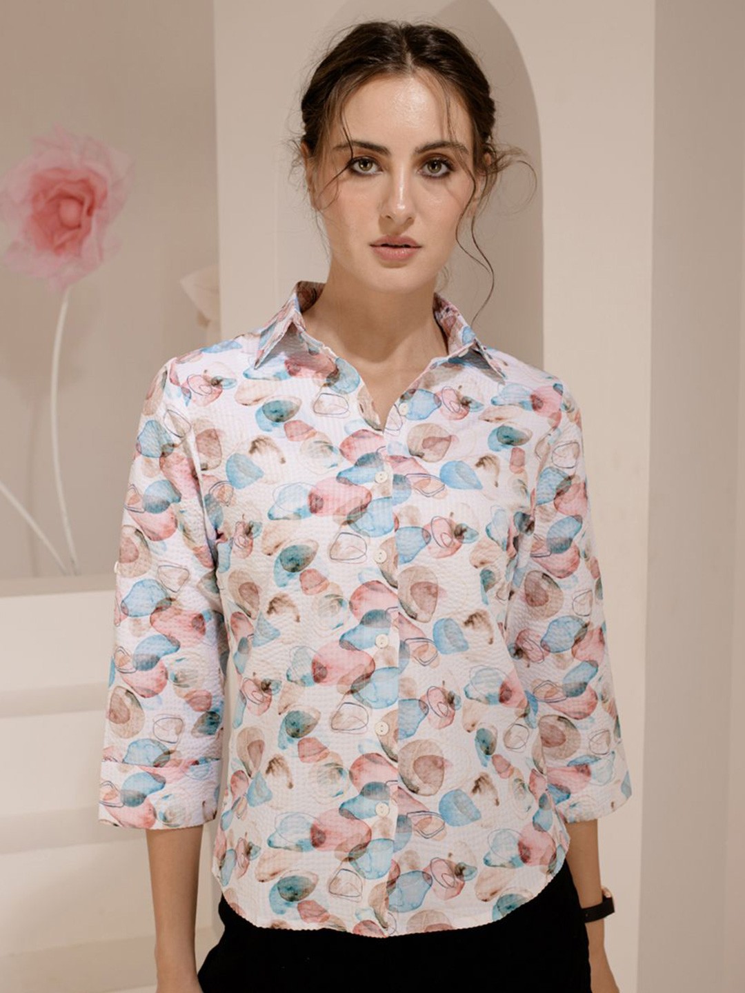 

TANDUL Women Standard Spread Collar Floral Printed Polycotton Casual Shirt, White