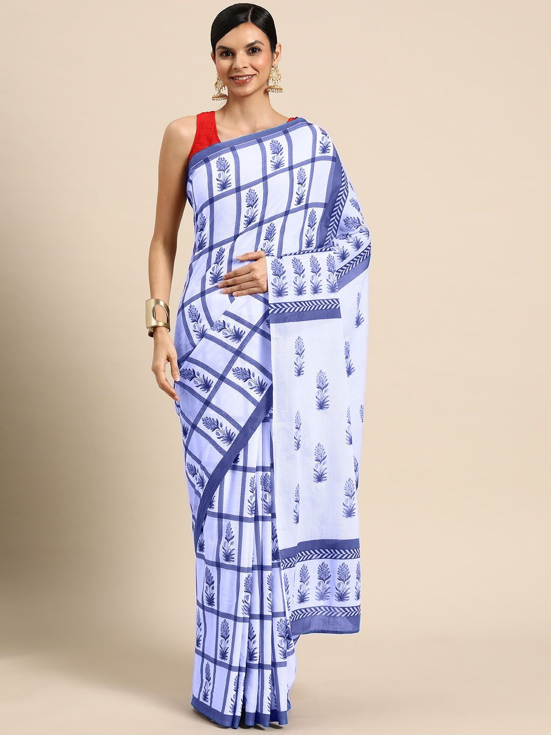 

BUTA BUTI Checked Pure Cotton Saree, Blue