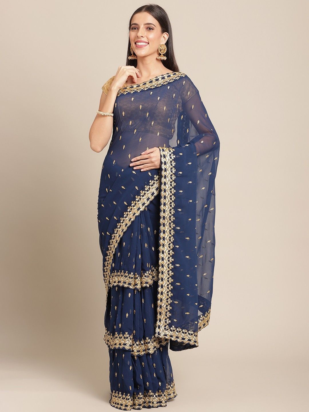 

Anouk Paisley Embroidered Poly Georgette Saree, Navy blue