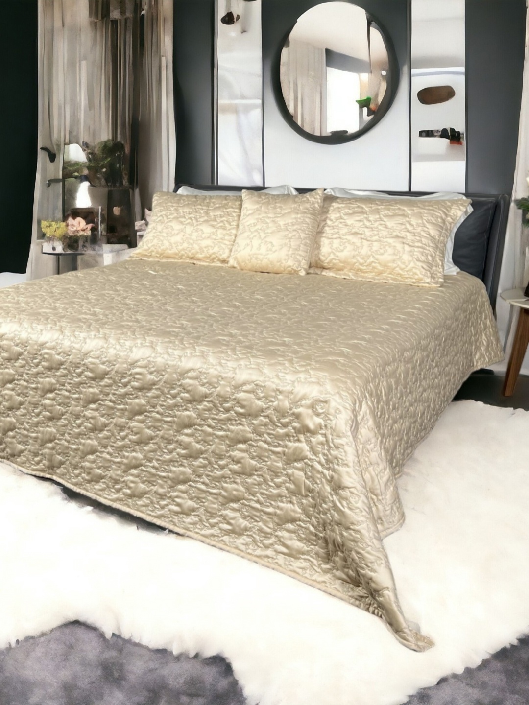 

ERBA Beige Colored Textured Cotton TC 380 Double Bed Cover & 2 Pillow Covers