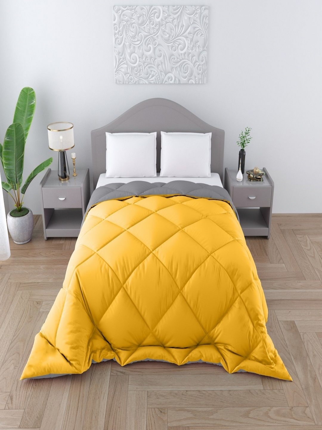

CHICERY Grey & Yellow 200 GSM Heavy Winter Single Bed Reversible Comforter