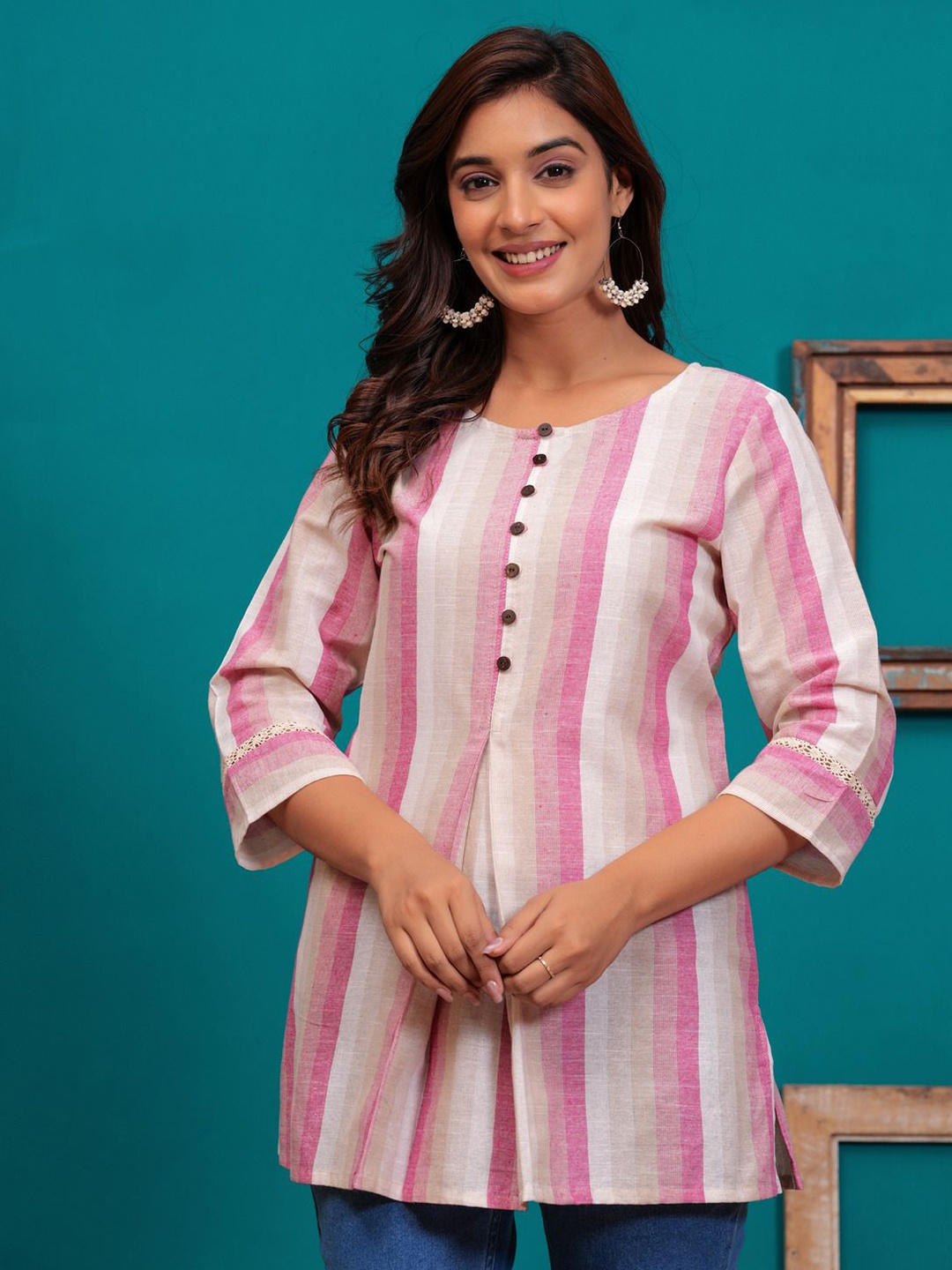 

SARAI CREATIONS Women Cotton Striped Three-Quarter Sleeves Tunic, Pink