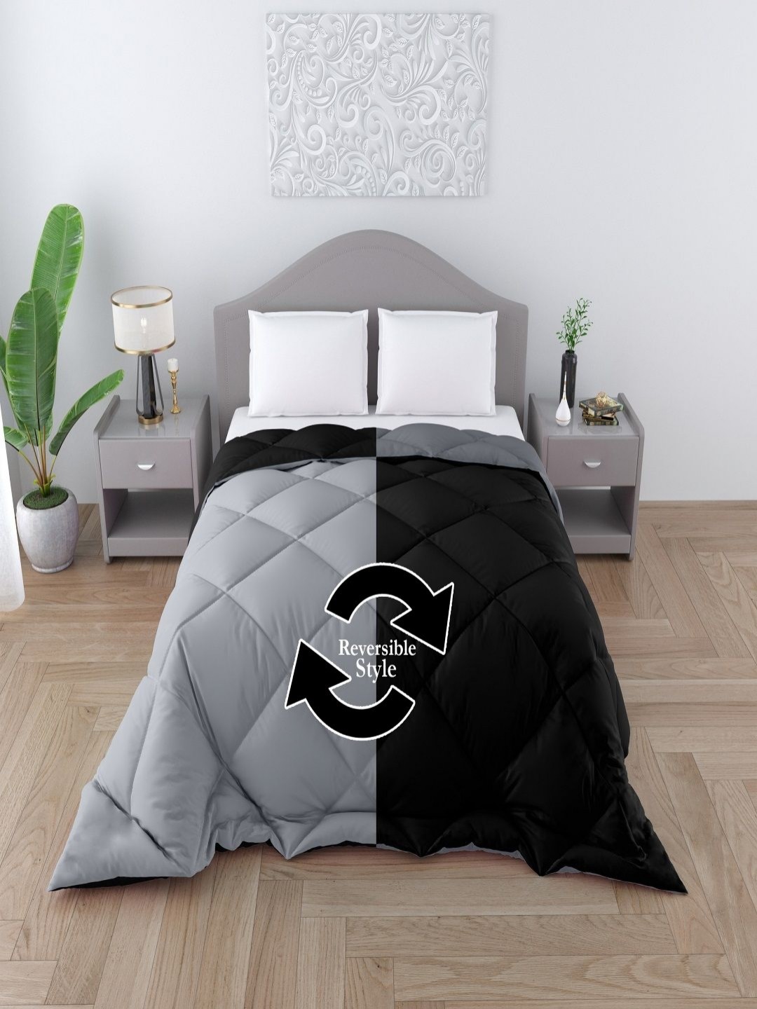

CHICERY Grey & Black 200 GSM Heavy Winter Single Bed Reversible Comforter