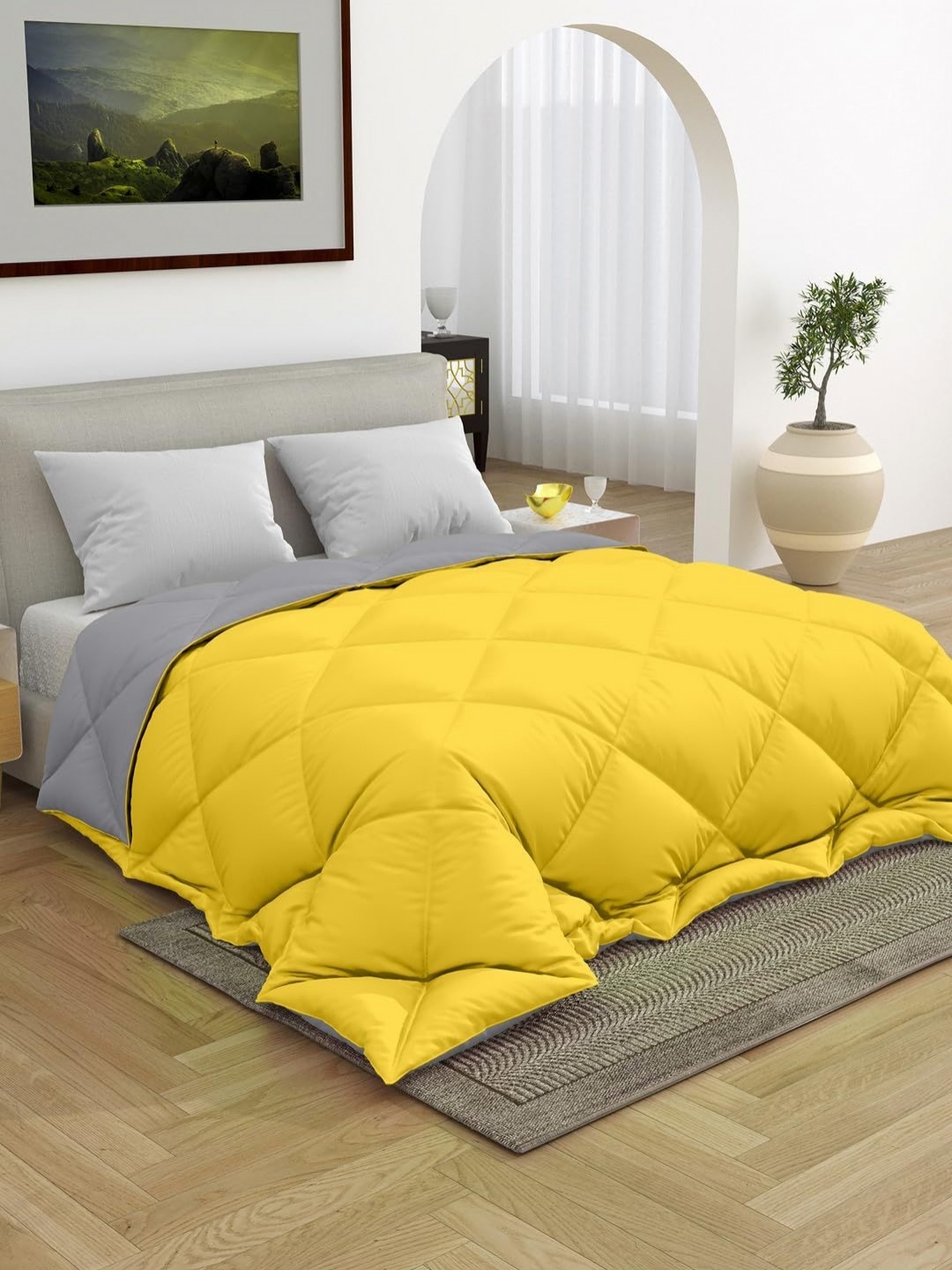 

CHICERY Grey & Yellow Geometric 200 GSM Reversible Heavy Winter Single Bed Comforter