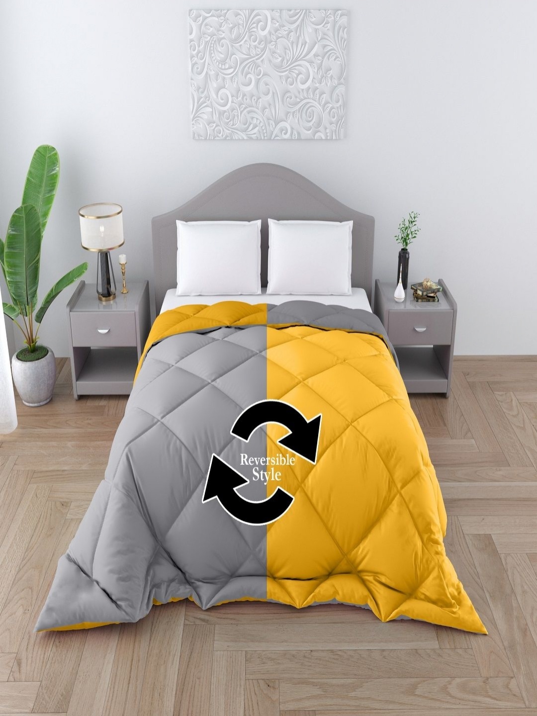

CHICERY Grey & Yellow Geometric Heavy Winter Reversible Single Bed Comforter