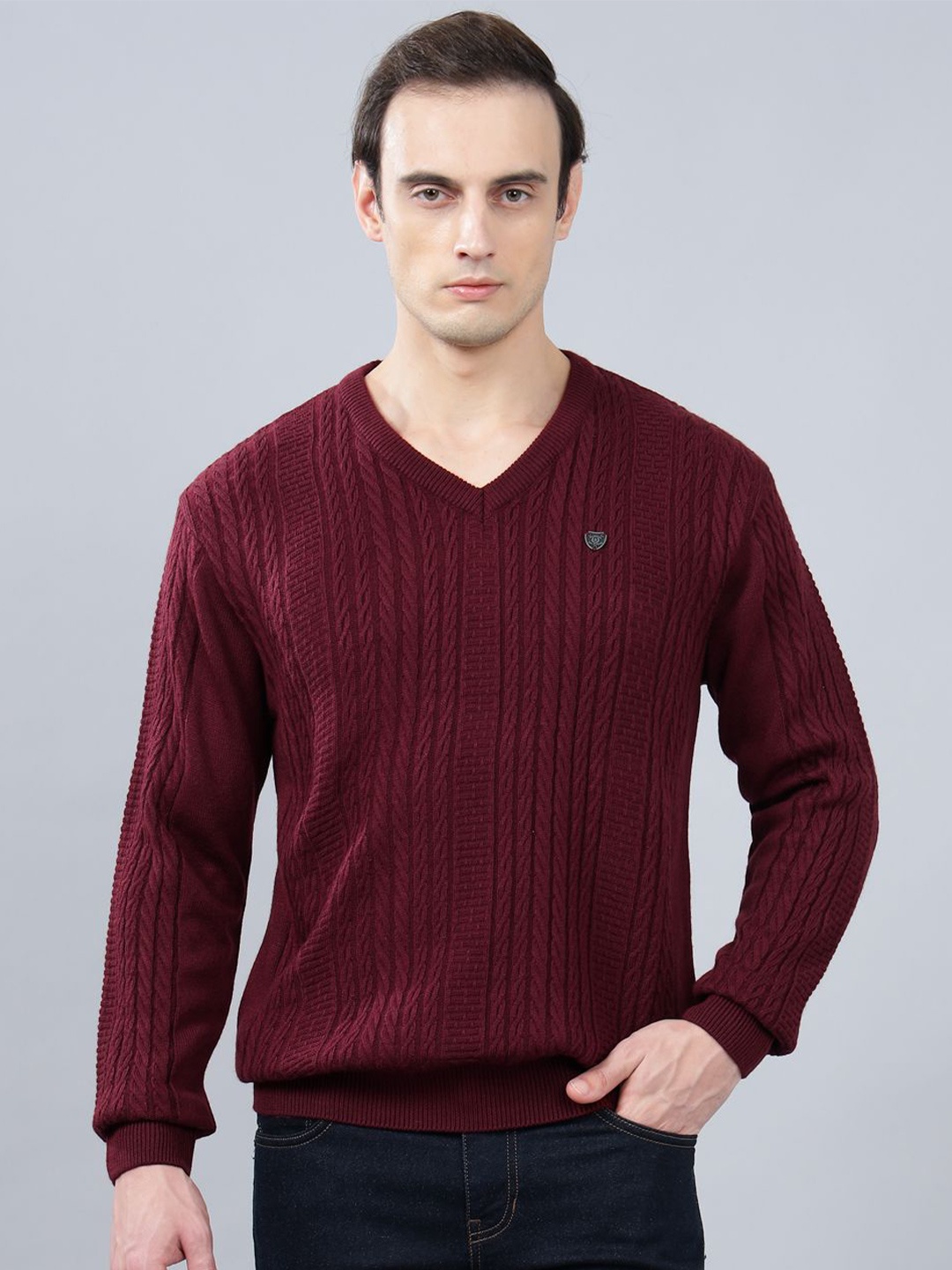 

Cantabil Men Ribbed Pullover Sweaters, Maroon