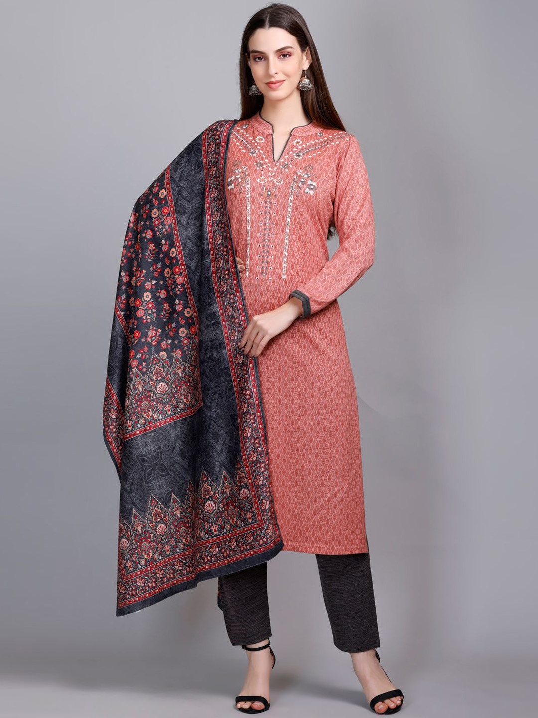 

Promount Thread Work Straight Kurta with Trousers, Peach