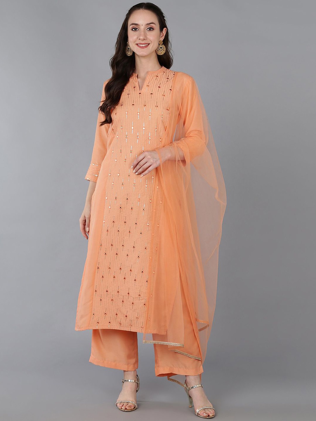 

AHIKA Ethnic Motifs Embroidered Regular Mirror Work Straight Kurta with Palazzos & Dupatta, Peach