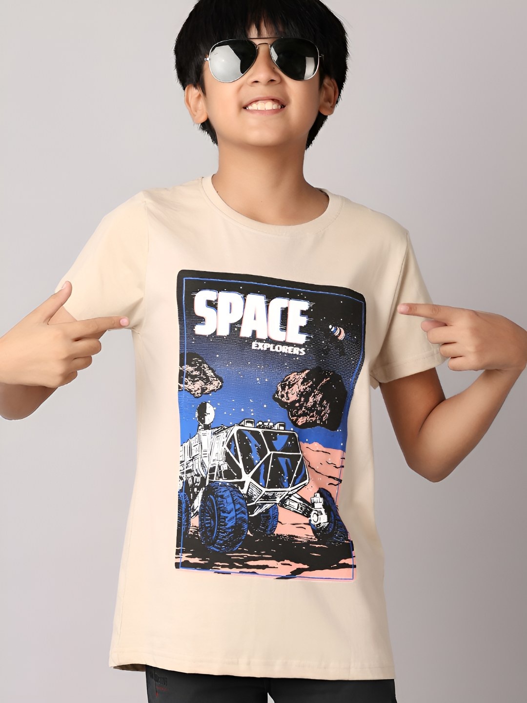 

V-Mart Boys Graphic Printed Round Neck Cotton T-shirt, Beige