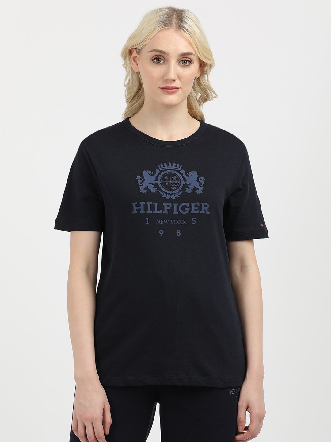 

Tommy Hilfiger Women Typography Printed Round Neck Cotton T-shirt, Blue