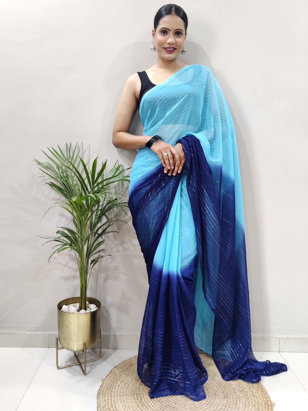 

LeeliPeeri Designer Striped Ready to Wear Holi Saree, Blue