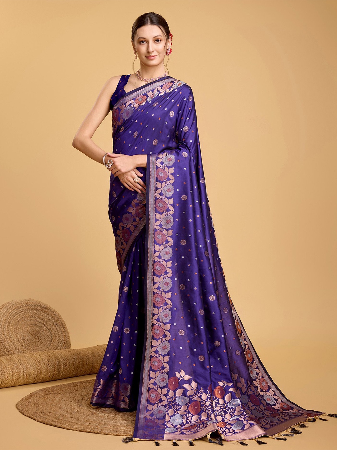 

Kriyansh Floral Zari Silk Banarasi Saree, Blue