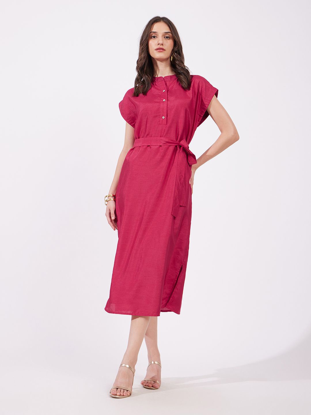 

FableStreet Women Solid Tie-Up A-Line Midi Dress, Fuchsia