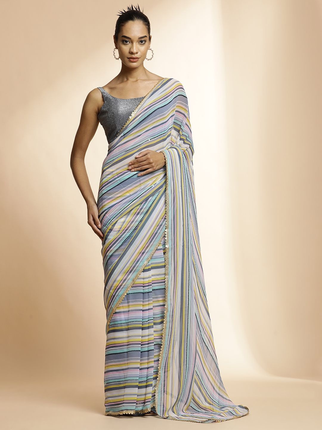 

Jaipur Kurti Striped Sequinned Pure Georgette Saree, Blue