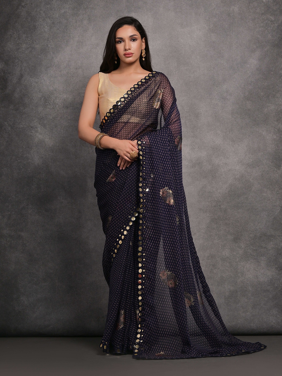 

Krimmple Sequinned Pure Georgette Saree, Blue