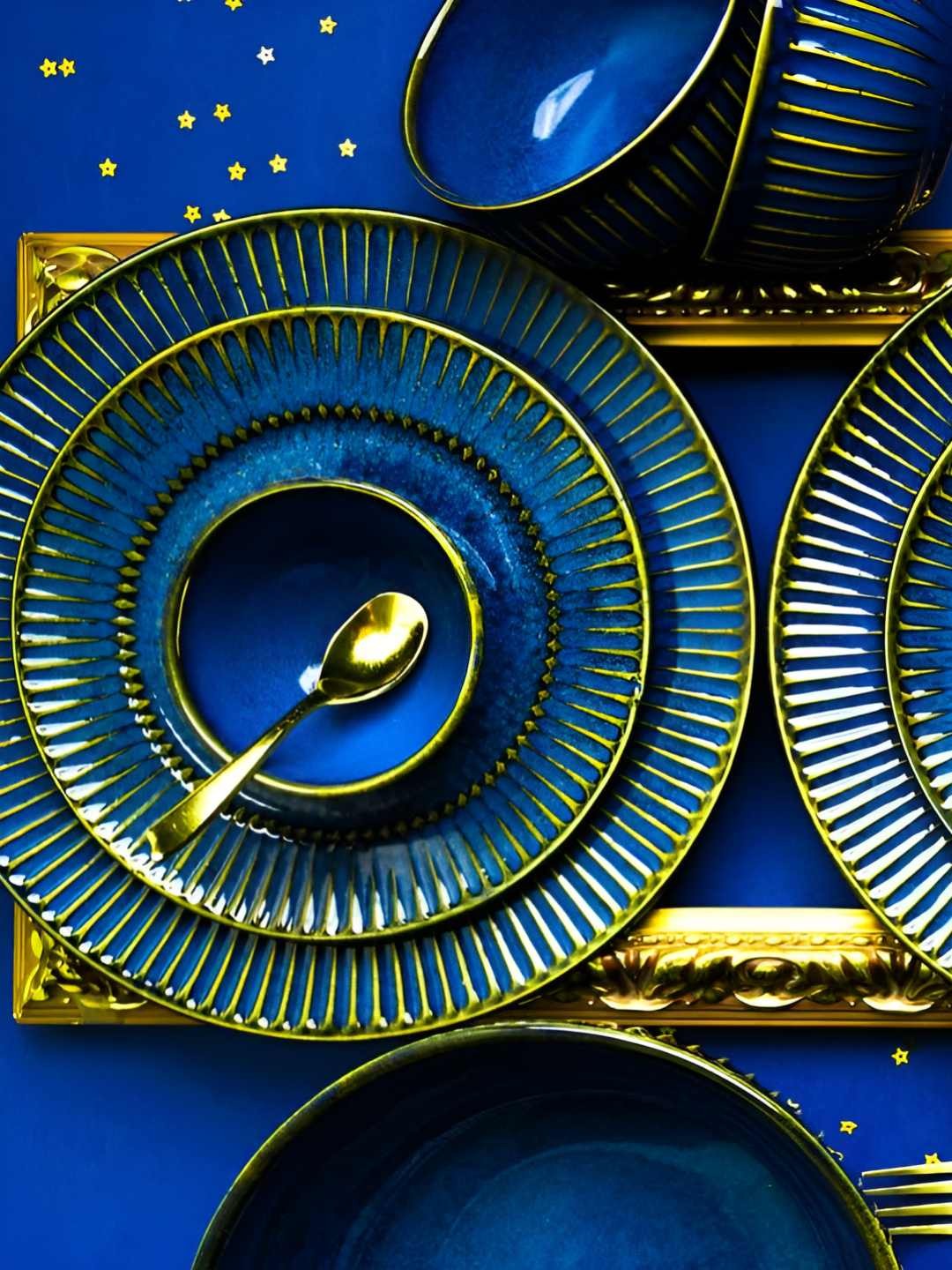 

AMALAFIEE CERAMICS Blue & Yellow 28 Pieces Ceramic Dishwasher Safe Dinner Set