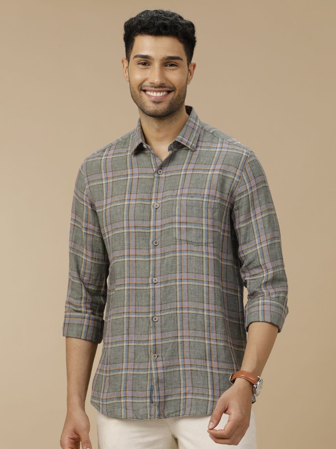 

Linen Club Men Contemporary Spread Collar Tartan Checked Slim Fit Casual Shirt, Grey