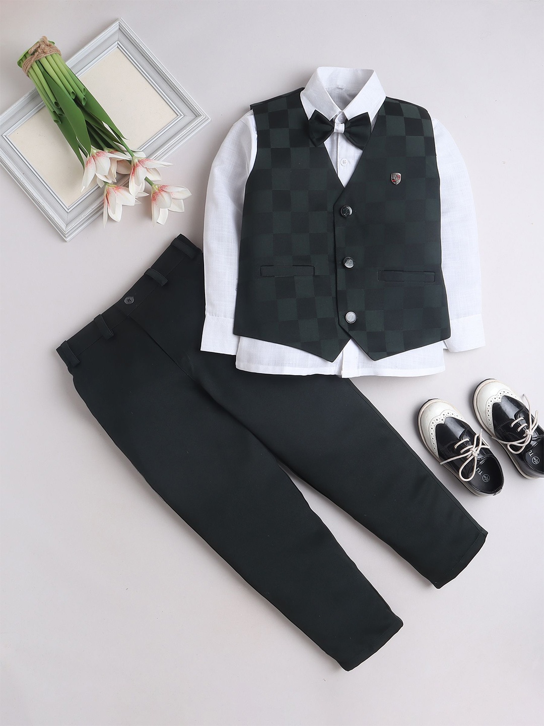 

FOURFOLDS Boys Self Design Checked Waistcoat and Trouser with Shirt & Bow Tie, Green