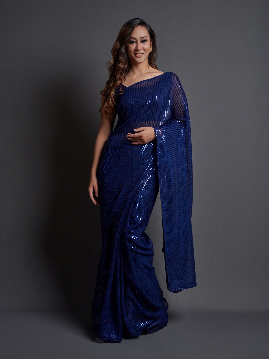 

Krimmple Embellished Sequinned Pure Georgette Fusion Saree, Navy blue