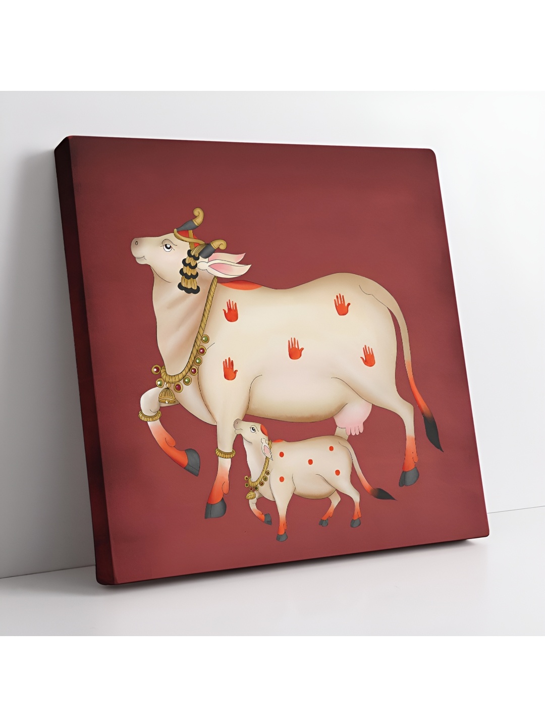 

SAF Off White & Brown Wooden Canvas Pichwai Cow Birds and Animals Wall Art