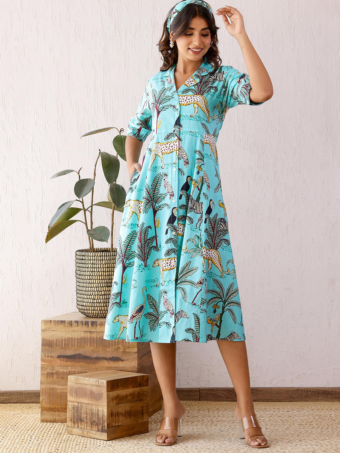 

FLAVIA CREATION Women Floral Printed A-Line Dress, Blue