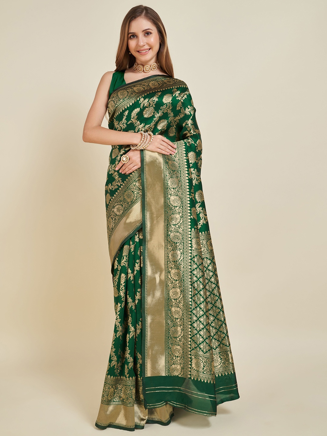 

Kriyansh Floral Woven Design Kanjeevaram Saree, Green