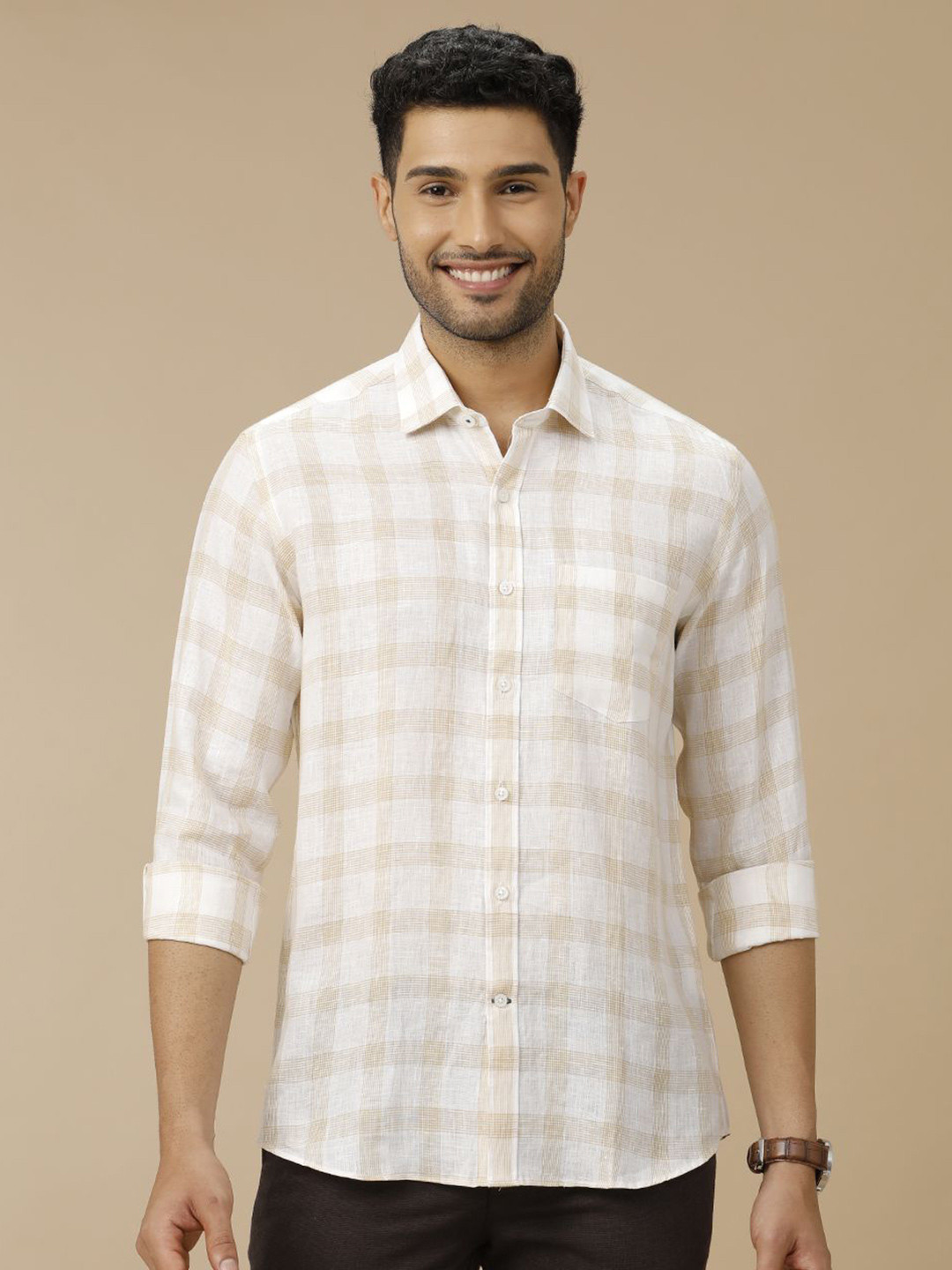 

Linen Club Men Contemporary Spread Collar Windowpane Checked Slim Fit Casual Shirt, Off white