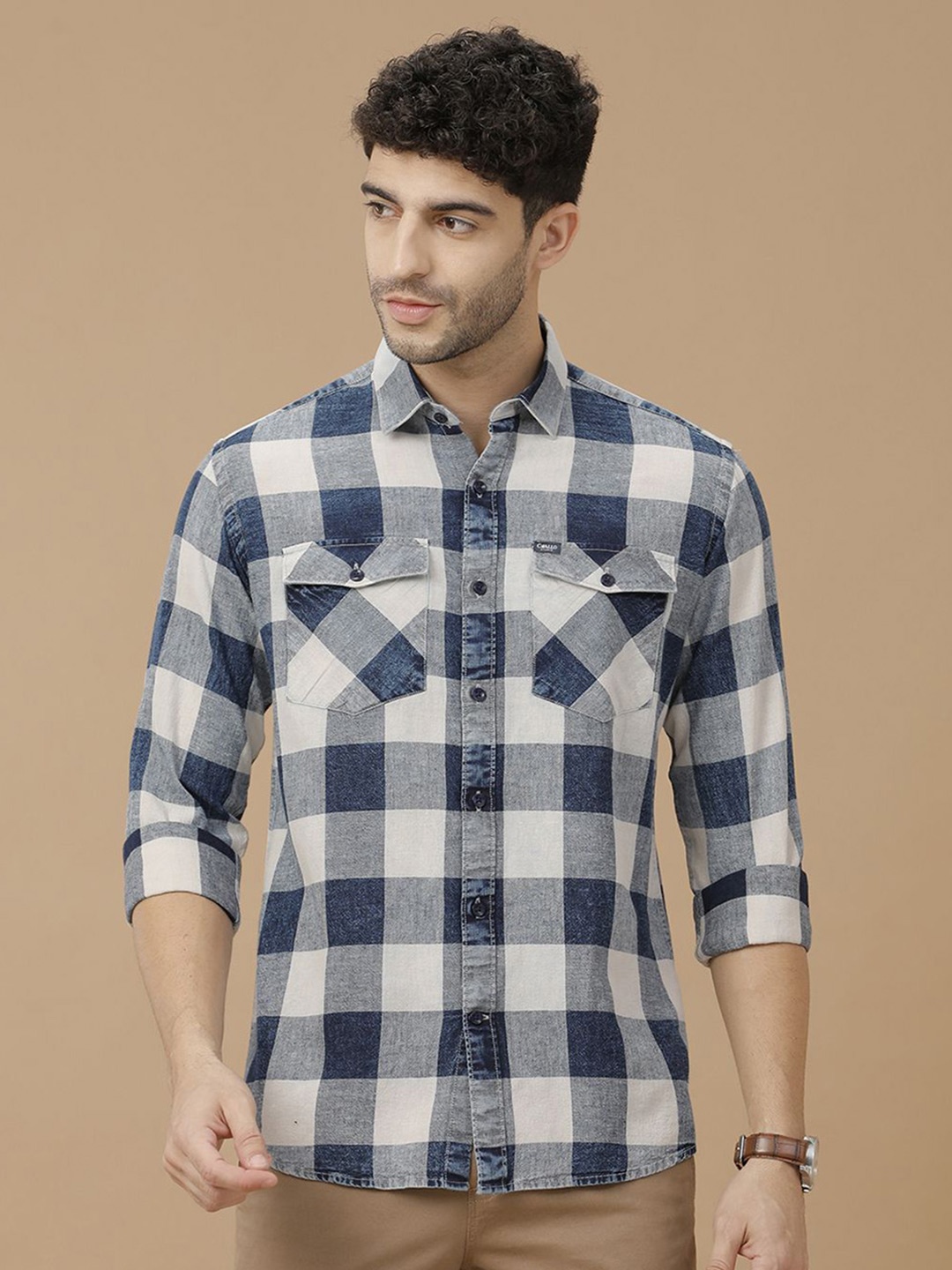 

CAVALLO by Linen Club Men Checked Contemporary Slim Fit Casual Shirt, Blue