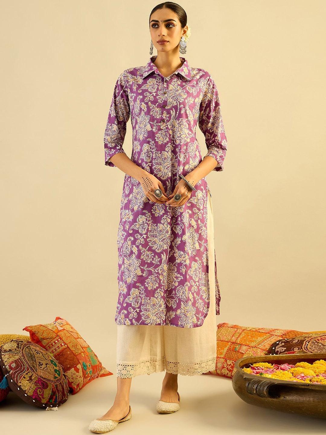 

Indo Era Floral Printed Shirt Collar Pure Cotton Straight Kurta With Palazzos, Purple