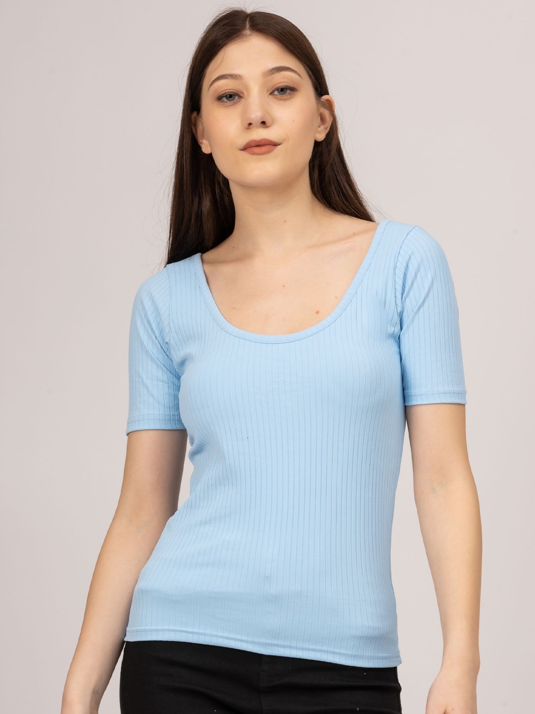 

Redamancii Women Striped Scoop Neck Top, Blue