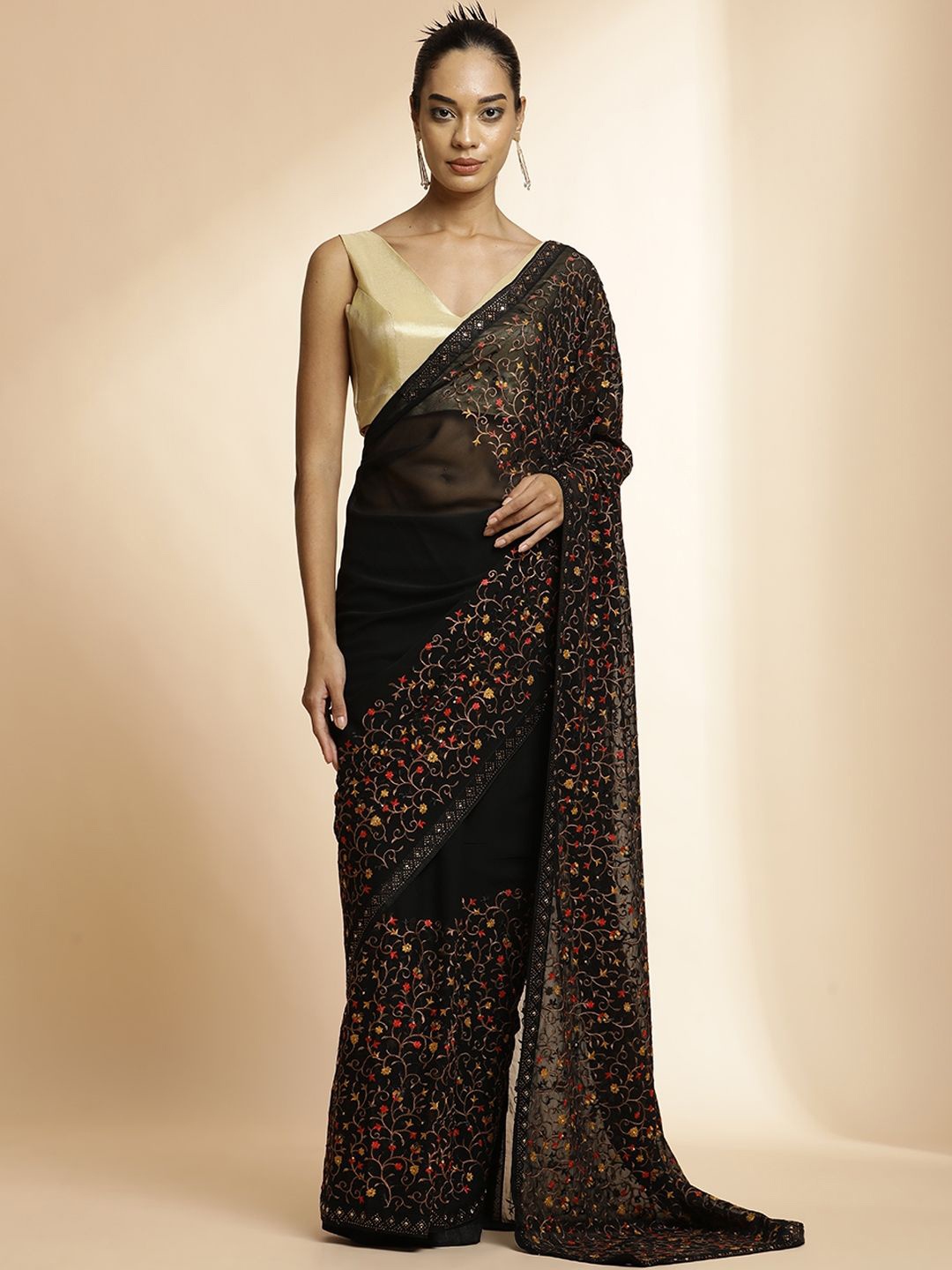 

Jaipur Kurti Floral Embroidered Pure Georgette Saree, Black