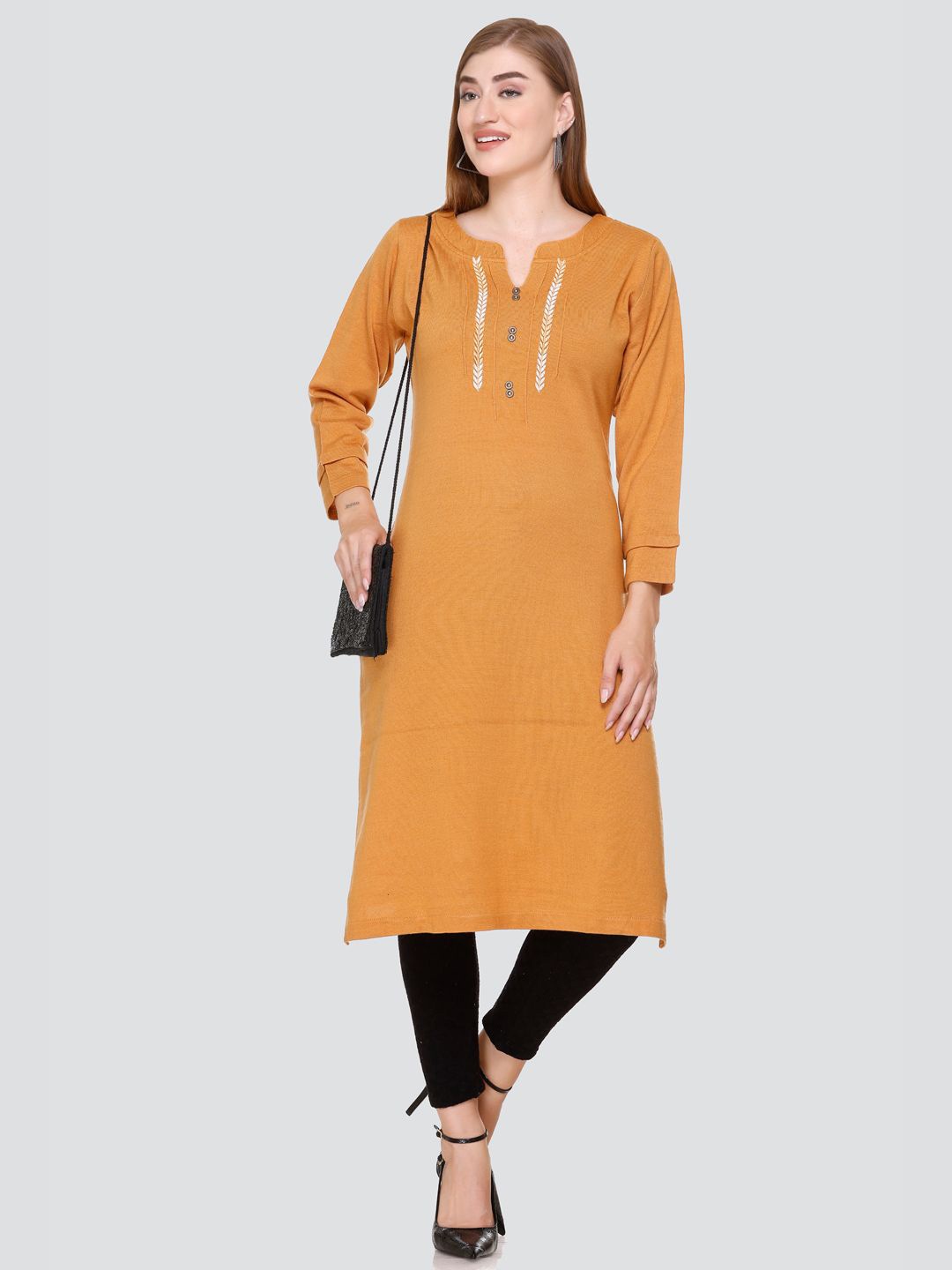 

PUREMIST Floral Yoke Design Thread Work Woollen Kurta, Yellow