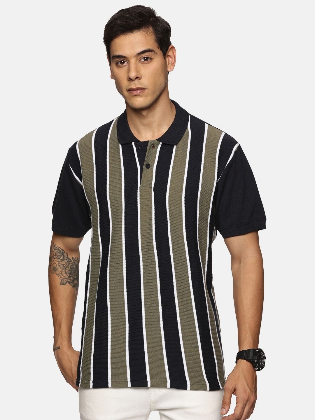 

THIRD QUADRANT Men Striped Polo Collar T-shirt, Black