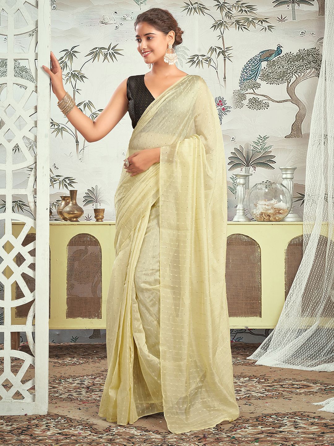 

Satrani Embellished Sequinned Art Silk Ready to Wear Saree, Yellow