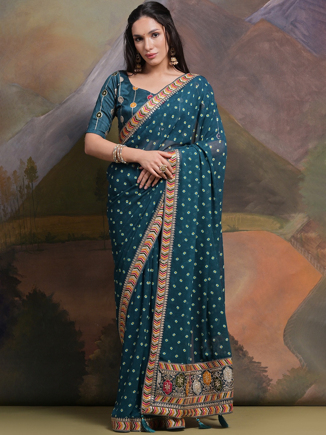 

Krimmple Bandhani Sequinned Pure Georgette Saree, Blue