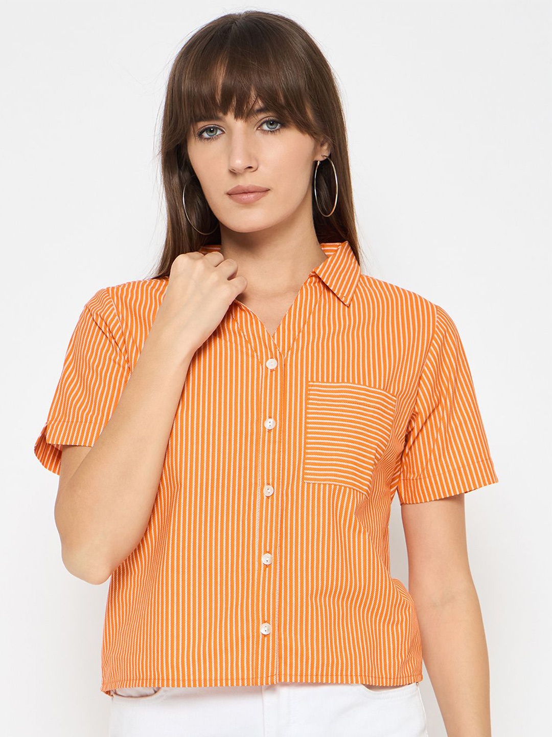 

BAESD Women Classic Spread Collar Vertical Striped Cotton Casual Shirt, Orange