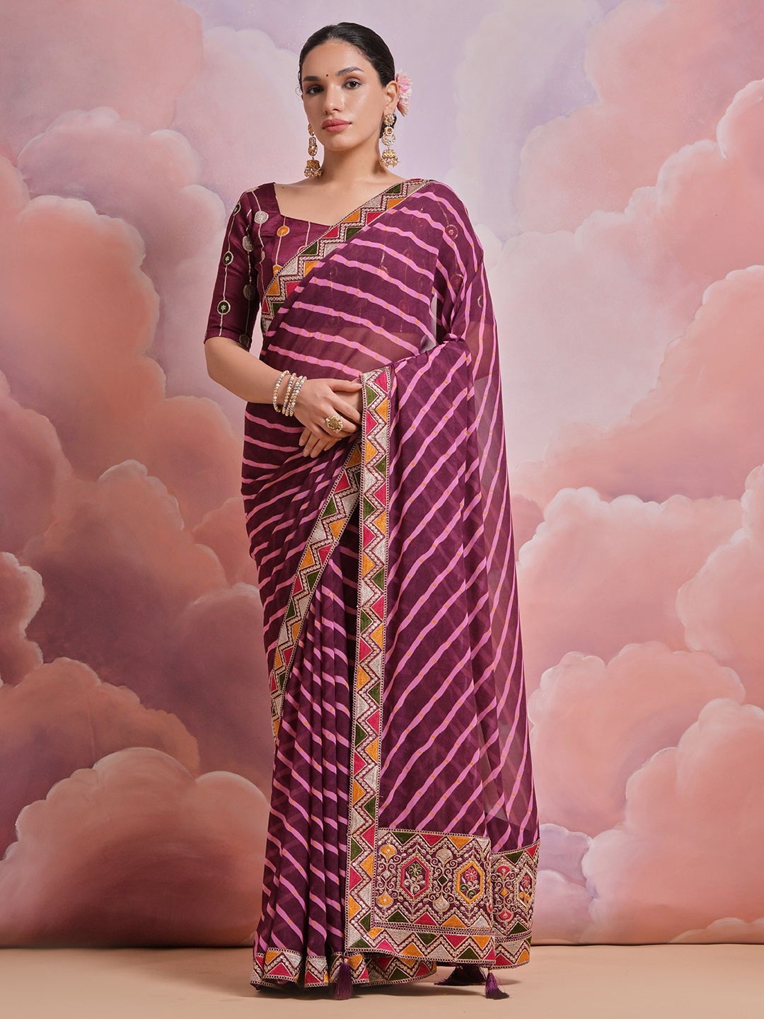 

Krimmple Leheriya Sequinned Pure Georgette Saree, Purple